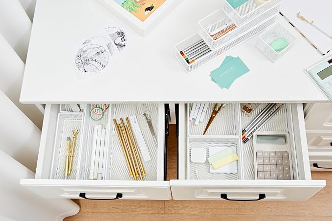 Annova Mesh Stackable Drawer Cabinet and Shelf Organizer Bins Storage Basket School Office Supply Holder Tray- Set of 2 (White, 6x6x2 Inch)