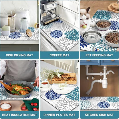 Findosom 2PCS 17" x 32" Dish Drying Mat & 24" x 5.5" Sink Splash Guard, Super Absorbent & Cuttable Dish Mat Drying Kitchen Mat with Blue Floral, Hide Stain Drying Mat for Kitchen Counter