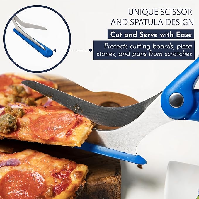 Blue Pizza Scissors - Non-Stick Pizza Scissors with Firm Grip Base - Food Grade Stainless Steel Pizza Cutter - 5-in-1 Food Slicer & Pizza Server - Durable, Safe & Mess Free