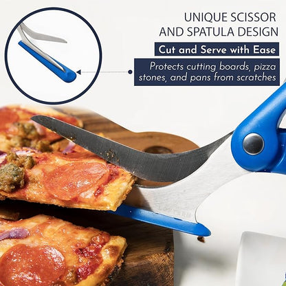 Blue Pizza Scissors - Non-Stick Pizza Scissors with Firm Grip Base - Food Grade Stainless Steel Pizza Cutter - 5-in-1 Food Slicer & Pizza Server - Durable, Safe & Mess Free