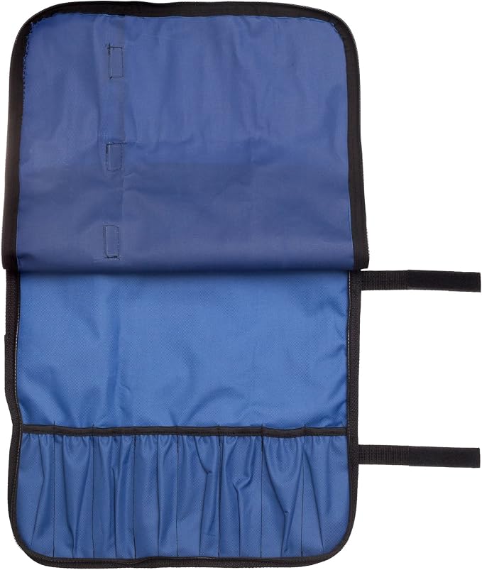 Ergo Chef 8 Pocket Roll Bag for Chef Knives, 1 Large Mesh Pocket for Kitchen Utensils (Blue) with 5pc (Black) Knife Edge Guards & Shoulder Strap