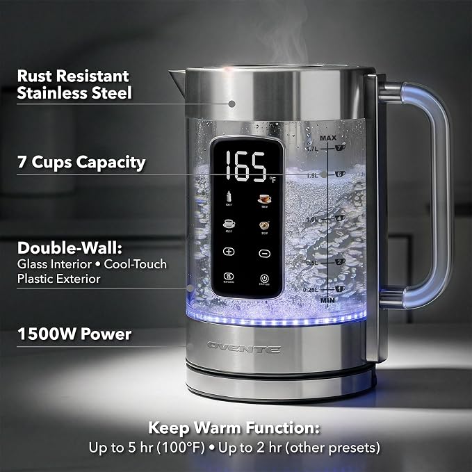 OVENTE Digital Glass Electric Tea Kettle 1.7L with Color-Changing LED Lights Temperature Control, Double-Wall Cool Touch, 4 Presets, Keep Warm, Tea Infuser & Boil-Dry Protection, Silver KGD913S
