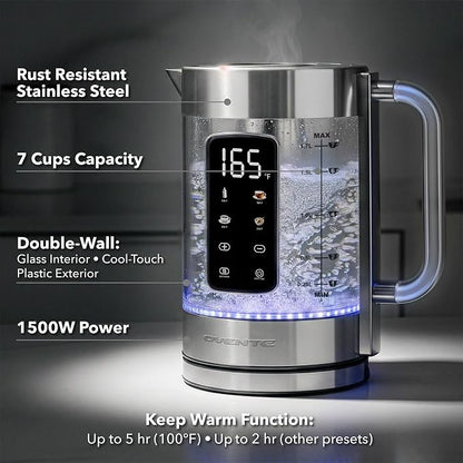 OVENTE Digital Glass Electric Tea Kettle 1.7L with Color-Changing LED Lights Temperature Control, Double-Wall Cool Touch, 4 Presets, Keep Warm, Tea Infuser & Boil-Dry Protection, Silver KGD913S