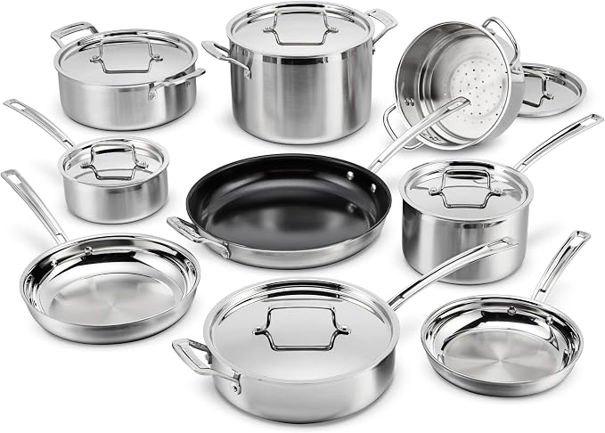 Cuisinart 12-Piece Cookware Set, MultiClad Pro Triple-Ply Stainless Steel Cookware Set, Heat Surround Technology, Cool Grip Stick Handles, Oven Safe up to 500F, MCPS-15N, Silver