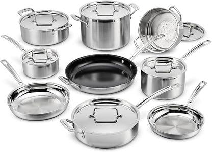 Cuisinart 12-Piece Cookware Set, MultiClad Pro Triple-Ply Stainless Steel Cookware Set, Heat Surround Technology, Cool Grip Stick Handles, Oven Safe up to 500F, MCPS-15N, Silver