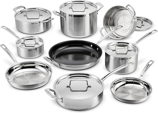 Cuisinart 12-Piece Cookware Set, MultiClad Pro Triple-Ply Stainless Steel Cookware Set, Heat Surround Technology, Cool Grip Stick Handles, Oven Safe up to 500F, MCPS-15N, Silver