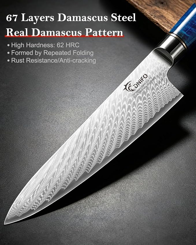 Japanese Chef Knife, 8 Inch Damascus Kitchen Knife with 67-Layer Damascus Steel & VG10 Core, Ultra Sharp Cooking Knife with Ergonomic Blue Resin Wooden Handle, Ideal Gift for Men and Women