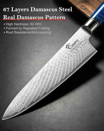 Japanese Chef Knife, 8 Inch Damascus Kitchen Knife with 67-Layer Damascus Steel & VG10 Core, Ultra Sharp Cooking Knife with Ergonomic Blue Resin Wooden Handle, Ideal Gift for Men and Women