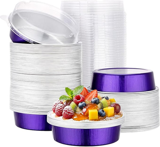 Beasea Mini Ramekins with Lids, 100 Pack 7.3oz Disposable Aluminum Tart Pie Baking Tins Pans, 4 Inch Small Individual Cheesecake Tart Containers Oven Baking Dishes for Party - Violet Purple
