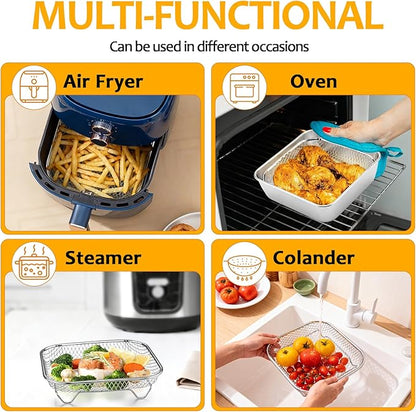 TeamFar Square Air Fryer Rack, 7.72" Stainless Steel Stackable Air Fryer Basket Accessories for Frying Roasting Baking, 3pcs Dehydrator Rack with Silicone Feet & Clip, Oven & Dishwasher Safe