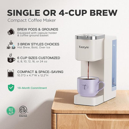 Tastyle Single Serve Coffee Maker, Iced and Hot Coffee Machine for K Cup & Grounds, Compact Design, 40oz Removable Water Reservoir, 6 to 24 Oz Brew Sizes, Fits 7.3" Travel Mug, Beige