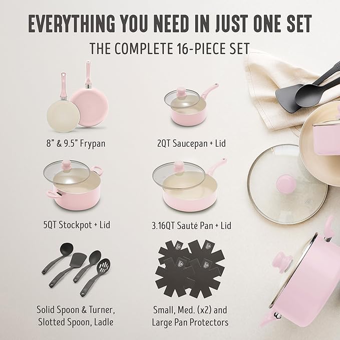 GreenLife 16-Piece Nonstick Cookware Set, Non-Toxic Ceramic Pots and Pans Set, Durable Healthy Kitchen Essentials, Fast Heating, Induction Ready, Easy Clean Dishwasher Safe, PFAS-Free, Blush Pink