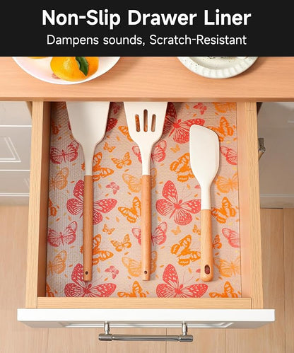 Shelf Liner for Kitchen Cabinets - Non-Adhesive Waterproof and Oil-Proof Drawer Liner, Reusable Protector for Dresser, Wire Shelf, Cupboards(Red Butterfly, 23.6" W x 360" L)
