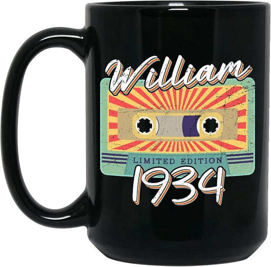 Personalized Vintage Cassette Tape Vintage 1934 Mug, Custom Your Name, 1934 Retro Coffee Mug, 88th Birthday Present Gifts, 1934 Birthday Gift For Friends Family, Customizable Black Tea Cups