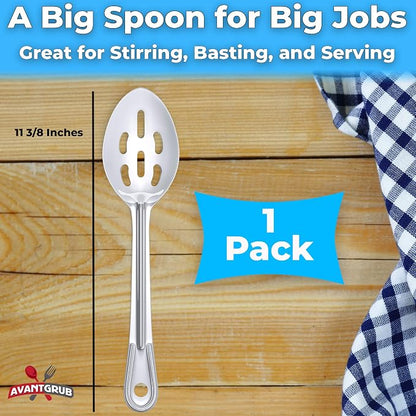 Super Strong, Ergonomic 11 in Serving Spoon 1 Pk. Big, Slotted Stainless Steel Spoons for Cooking, Baking and Basting. Best Kitchen Flatware for Buffet and Banquet Service in Restaurants and Homes