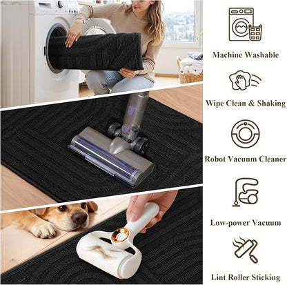 U'Artlines Kitchen Rugs and Mats Set of 3, Non Skid Washable Black Geometric Kitchen Mats for Floor, Absorbent and Stain Resistant Floor Mat for Laundry, Sink Decor 20x32+20x48+20x59