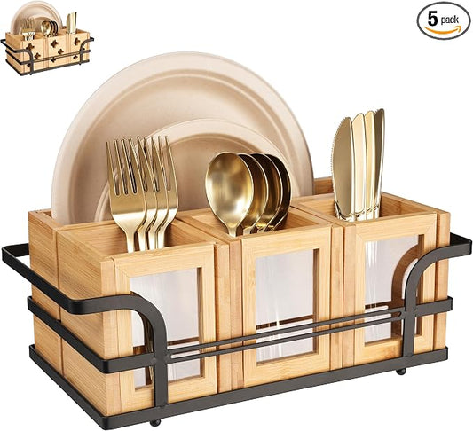 Silverware Caddy Wood Utensil Holder Cutlery Flatware Paper Plate Dispenser Organizer for Spoons Forks Plates Napkins (Acrylic)