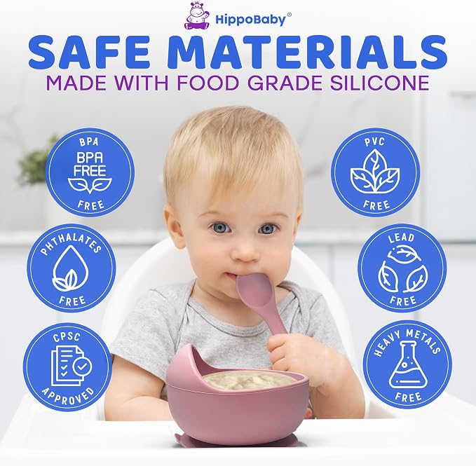HippoBaby Baby Led Weaning Supplies |10 Piece Silicone Baby Feeding Set, Baby Toddler Bib Cup Divided Plate and Bowl Self Feeding Spoons Dish Set | Baby Utensils,Toddler Feeding Supplies (Rose Quartz)