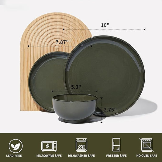 Pokini Santorini Mist Terracotta Reactive Glaze Plates and Bowls Sets, Stoneware Dinnerware Sets, Microwave and Dishwasher Safe Ceramic Dish Set Service for 4, Blackish Green