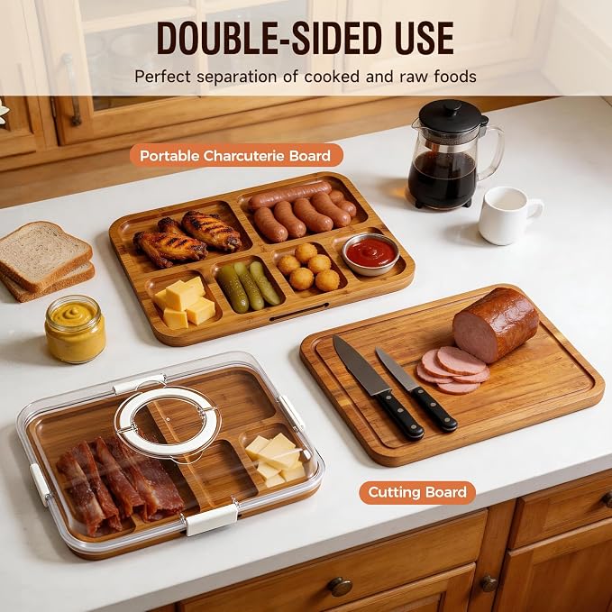 Renmxj Charcuterie Boards with Lid Gift Set, 2 in 1 Travel Portable Cheese Board with Knives Set, Carbonized Bamboo Charcuterie Tray, Housewarming Gifts New Home, Picnic, Wedding Gifts, White Handle