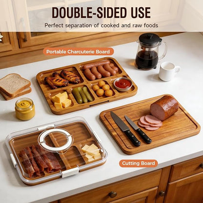 Renmxj Charcuterie Boards with Lid Gift Set, 2 in 1 Travel Portable Cheese Board with Knives Set, Carbonized Bamboo Charcuterie Tray, Housewarming Gifts New Home, Picnic, Wedding Gifts, White Handle