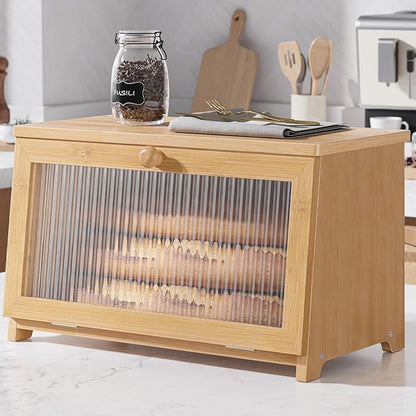 Kitsure Bread Box - Wooden Bread Box for Kitchen Countertop, Large Capacity Kitchen Countertop Organizer, Stylish Bread Storage with Window, Multi-functional Container, Bamboo, 15.0"x8.3"x9.1" (1T)
