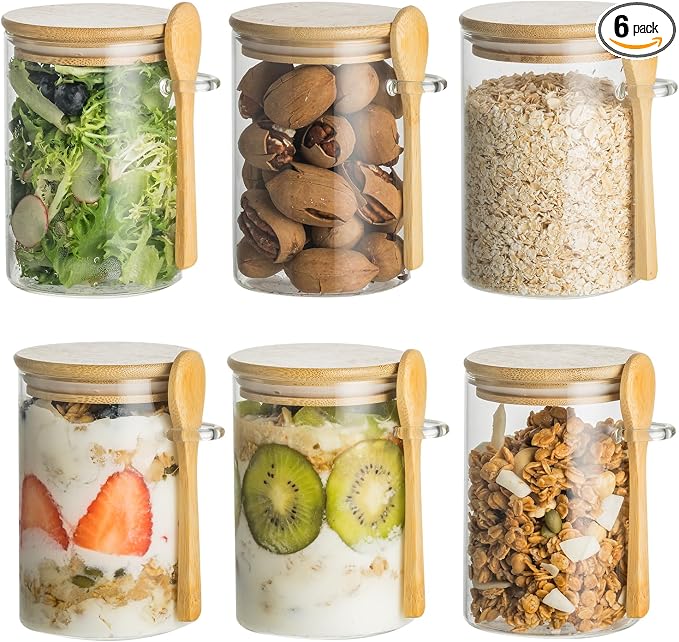 6 Pack 16oz Glass Jars with Bamboo Lids and Spoon,Overnight Oats Container,Round Glass Containers for Food,Oatmeal,Yogurt,Snack,Spice,Meal prep,Chia seed pudding and Salad Jar