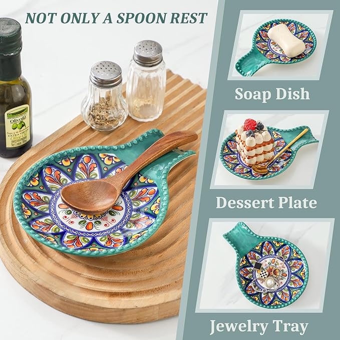Spoon Holder for Kitchen Counter Ceramic Spoon Rest for Stove Top Large 7.7 Inch Heat-Resistant Cooking Spoon Holder for Coffee Spoon Rest,Spatula or Tongs,Bohemian Green Dishwasher Safe