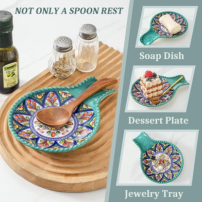 Spoon Holder for Kitchen Counter Ceramic Spoon Rest for Stove Top Large 7.7 Inch Heat-Resistant Cooking Spoon Holder for Coffee Spoon Rest,Spatula or Tongs,Bohemian Green Dishwasher Safe