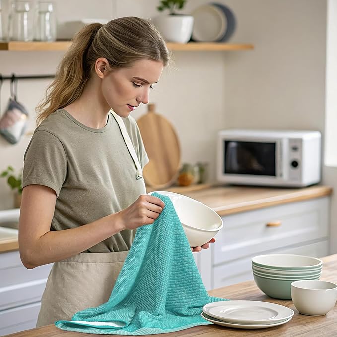 Mordimy Premium Kitchen Towels 8 Pack (18 x 28 Inches, Teal), Large Cotton Kitchen Hand Towel, Flat & Terry Dish Towels for Drying Dishes, Super Absorbent Tea Dishtowels Set with Hanging Loop