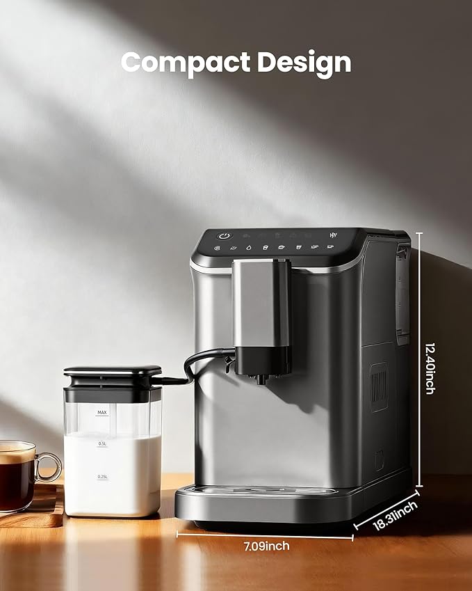 Fully Automatic Espresso Machine, 20 Bar Coffee Maker with Grinder & Milk Frother, Touchscreen Automatic Coffee Machine with 15 Grind Settings for Espresso, Latte & Cappuccino