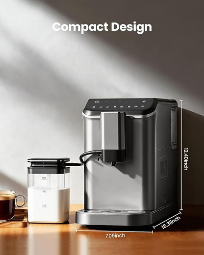 Fully Automatic Espresso Machine, 20 Bar Coffee Maker with Grinder & Milk Frother, Touchscreen Automatic Coffee Machine with 15 Grind Settings for Espresso, Latte & Cappuccino