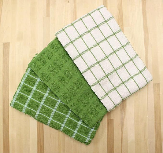 Ritz Premium 100% Cotton Terry Check Kitchen Dish Towels - Highly Absorbent, Super Soft, Long-Lasting, 25"x15", 3-Pack, Cactus Green
