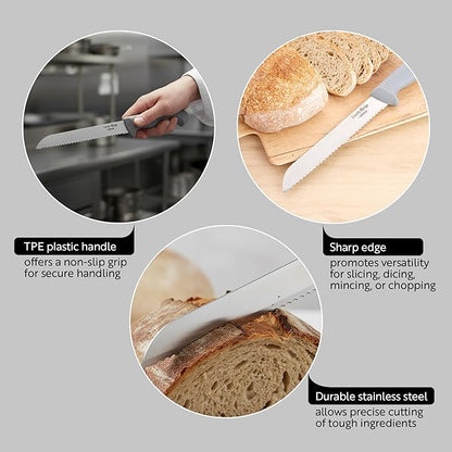 Restaurantware Comfy Grip 8 Inch Bread Knife 1 Sharp Serrated Knife - Ergonomic Handle Non-Slip Grip Gray Stainless Steel Bread Cutting Knife Dishwashable Slice All Types Of Bread