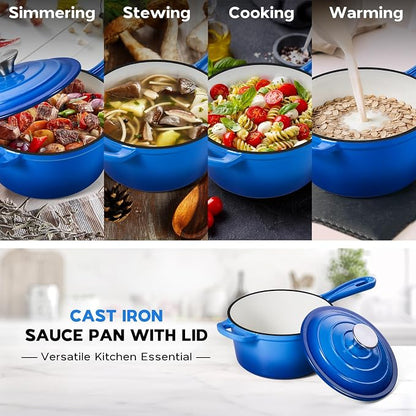 Onader 1QT & 2QT Saucepan Set with Lid, Enameled Cast Iron Sauce Pan Pot, Small Dutch Oven Cooking Kitchen Pot, Nonstick & Heavy Duty, Induction Compatible – Deep Blue