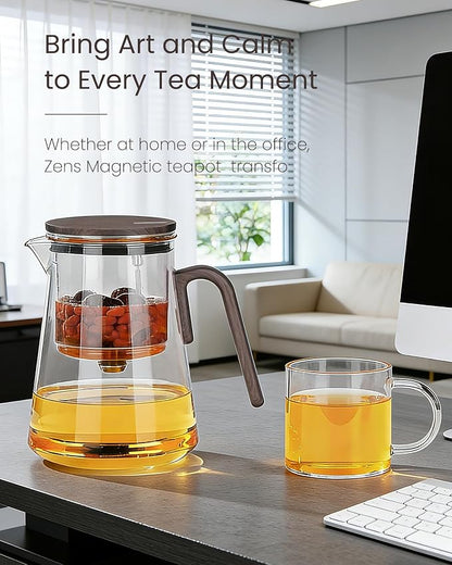 ZENS Enchanted Teapot Set, Magnetic Glass Tea Infuser Pot with 2 Cups for Loose Leaf Tea Steeper, Magic Tea Maker, Mess-Free Loose Tea Diffusers for Tea Lovers Ideal Gifts, 34oz (1000 ml)
