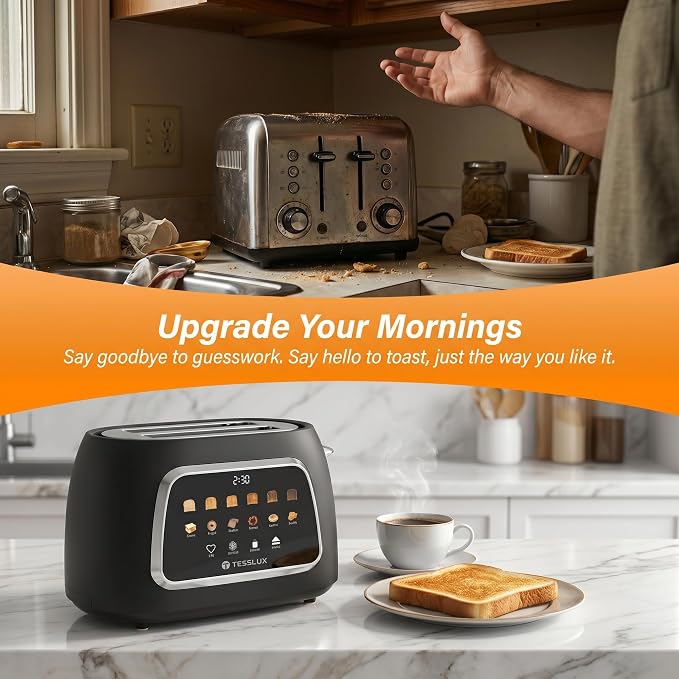 Tesslux 2 Slice Toaster with Touch Screen Control, 1.5" Wide Long Slots, 6 Browning Levels & 6 Bread Types, Digital Timer, Memory, Defrost, Reheat (Black, 2 Slice)