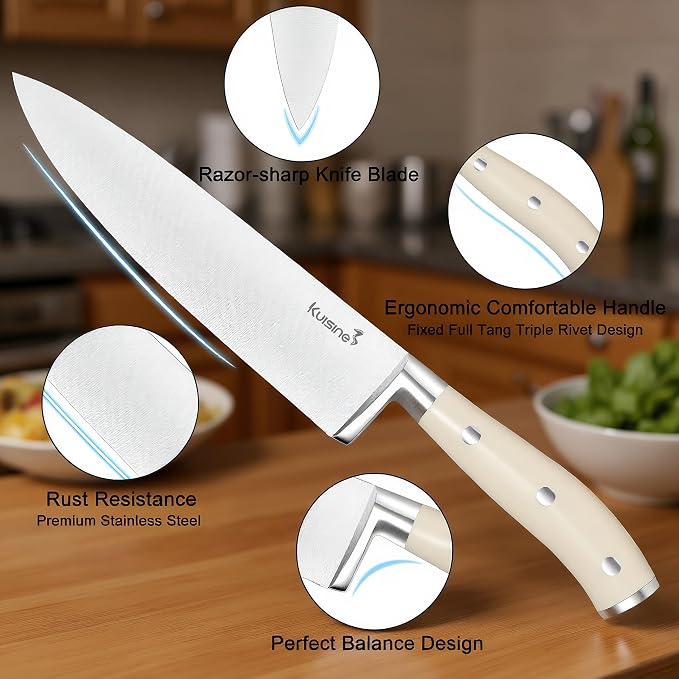 KUISINE Upgraded Kitchen Chef Knife Set,High Carbon Stainless Steel Ultra Sharp Blade Ergonomic Handle,Knife Block Set with Built-in Sharpener,Elegant Gift for Holiday(Acacia Ivory,15PCS)