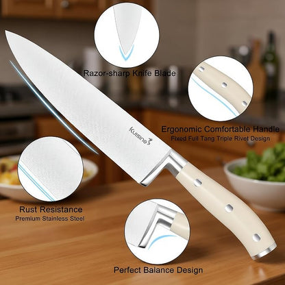 KUISINE Upgraded Kitchen Chef Knife Set,High Carbon Stainless Steel Ultra Sharp Blade Ergonomic Handle,Knife Block Set with Built-in Sharpener,Elegant Gift for Holiday(Acacia Ivory,15PCS)
