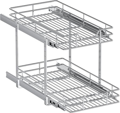 2-Tier Pull Out Cabinet Organizer, 12.5" W x 21.5" D, Heavy Duty Dual Slide Out Shelves for Narrow Base Cabinets, Chrome Wire Basket Drawer for Spices, Bottles & Snacks