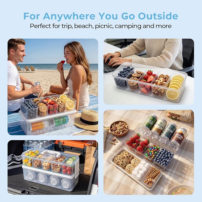 Homelove Snackle Box Container, Snack Organizer Divided Serving Tray with 2 Plastic Ice Packs, Lid with Handle, Double-layer Tray and 5-Compartment Snack Platter for Travel Party Beach Picnic