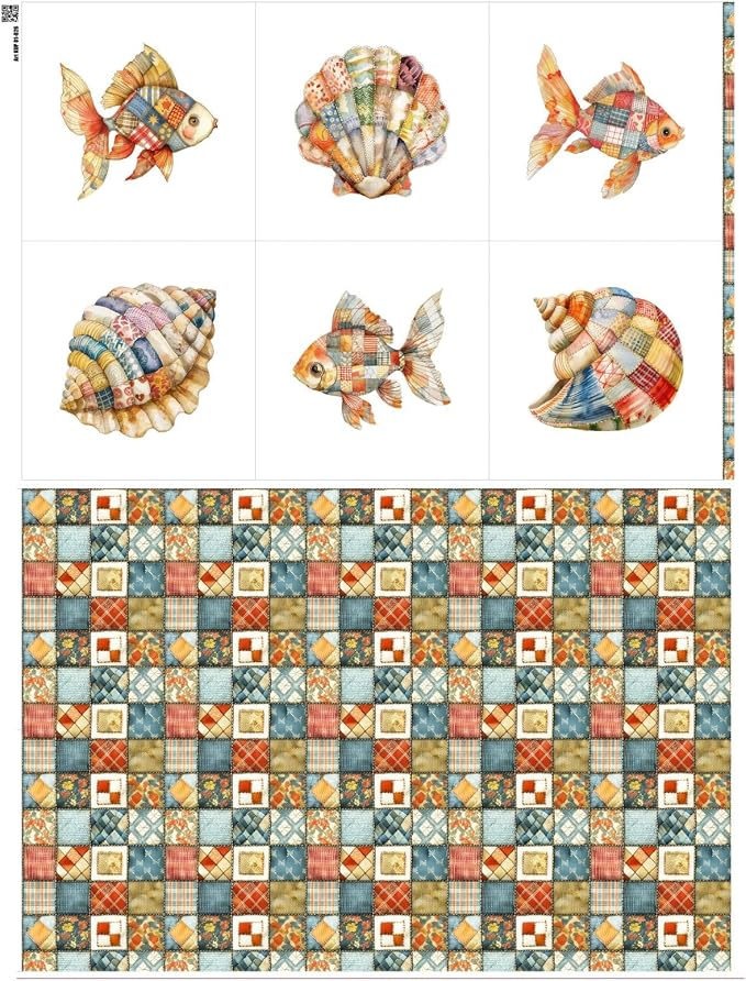 Patchwork Fish Cotton Fabric Panel – 6 Designs (10×10 inch Each) + Bonus Sheet 29.5×19.6 inch, 100% Cotton 140 GSM, Made in Türkiye
