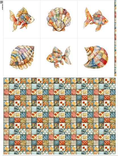 Patchwork Fish Cotton Fabric Panel – 6 Designs (10×10 inch Each) + Bonus Sheet 29.5×19.6 inch, 100% Cotton 140 GSM, Made in Türkiye