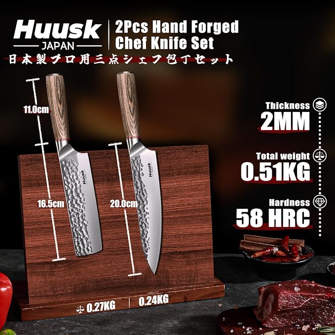 Huusk Japanese Kitchen Knife Set of 2 - Professional Chef Knives Set for Kitchen, Hand Forged Nakiri Vegetable Chopping Knife, Meat Cleaver Knife Set for Meat Cutting, Fathers Day Gift Idea for Dad