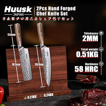 Huusk Japanese Kitchen Knife Set of 2 - Professional Chef Knives Set for Kitchen, Hand Forged Nakiri Vegetable Chopping Knife, Meat Cleaver Knife Set for Meat Cutting, Fathers Day Gift Idea for Dad