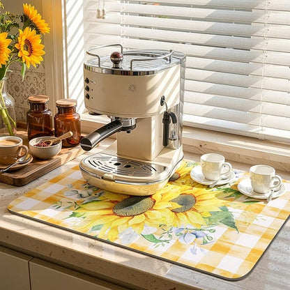 LOKHOM Dish Drying Mat for Kitchen Counter, 17"x32" Absorbent Coffee Bar Mat with Sunflowers, Vintage Floral Dish Drainer Rack Mat for Decoration