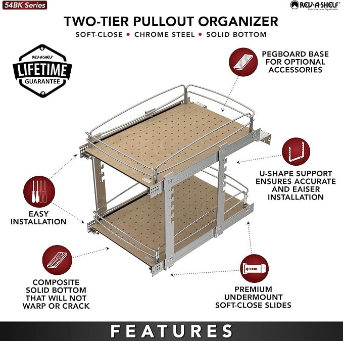 Rev-A-Shelf 2 Tier Pull Out Kitchen Cabinet Storage Organizer with Solid Bottom & Undermount Soft-Close Full Extension Slides, 54BK-18SC-2-1