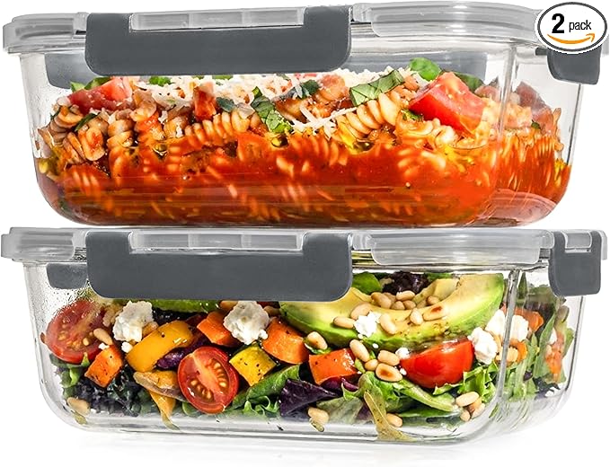 Razab 2 Pcs 1860ml / 63 Oz Large Glass Food Storage Containers with Lids - Glass Meal Prep Containers with Locking Lids for Roasting, Storing Leftover, Lunch Container, BPA Free, Microwave & Oven Safe