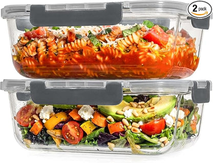 Razab 2 Pcs 1860ml / 63 Oz Large Glass Food Storage Containers with Lids - Glass Meal Prep Containers with Locking Lids for Roasting, Storing Leftover, Lunch Container, BPA Free, Microwave & Oven Safe