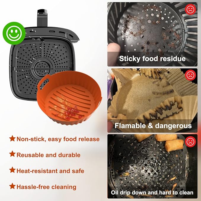 Seropy Silicone Air Fryer Liners Reusable Airfryer Liners 2 Pack 3-5 QT Silicone Pot 7.7 Inch, AirFryer Basket Round Mat Oven Baking Tray Replace Parchment Paper for Air Fryer